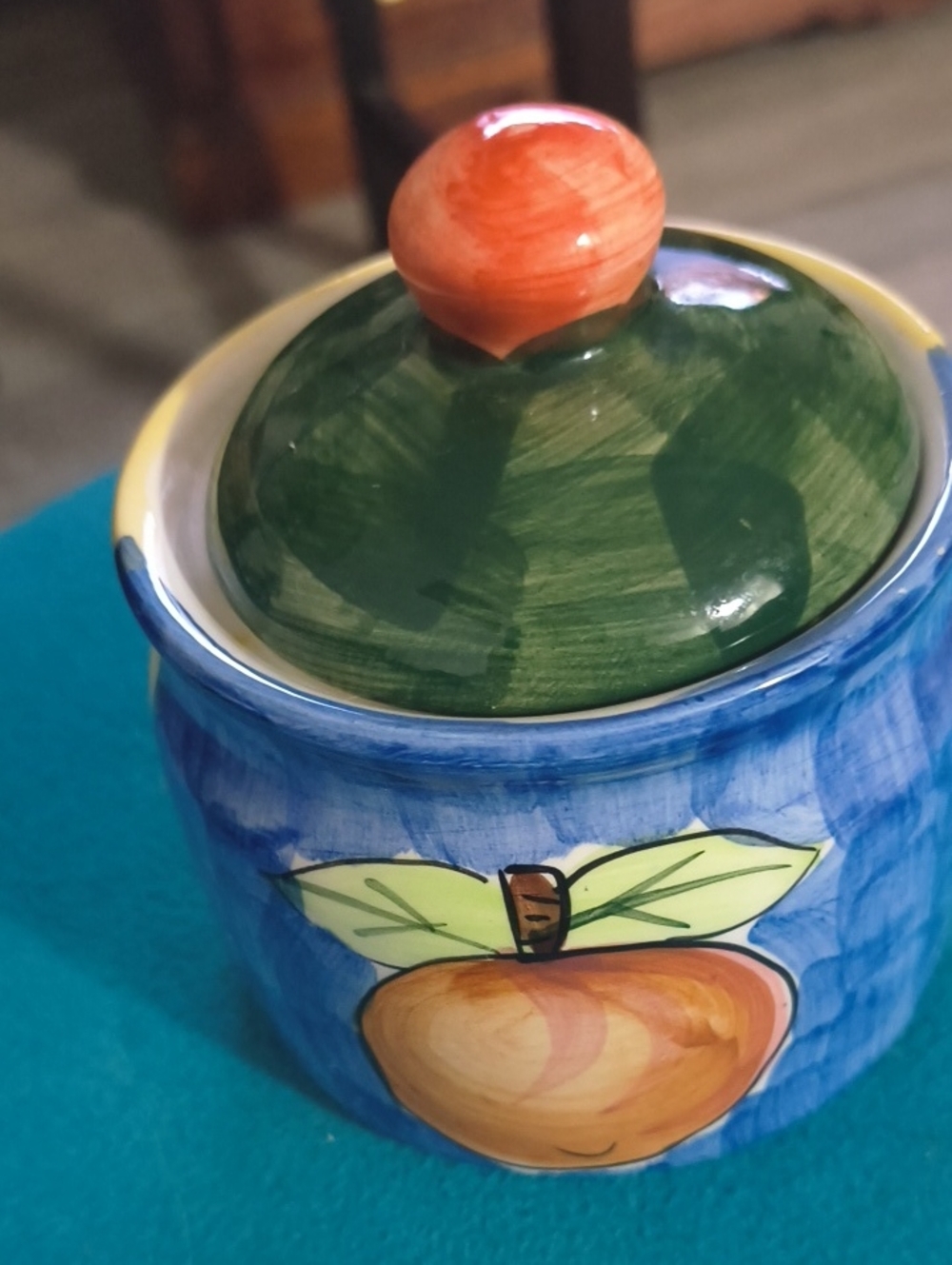 Hand-Painted Blue Ceramic Sugar Jar with Green Lid and Orange Knob